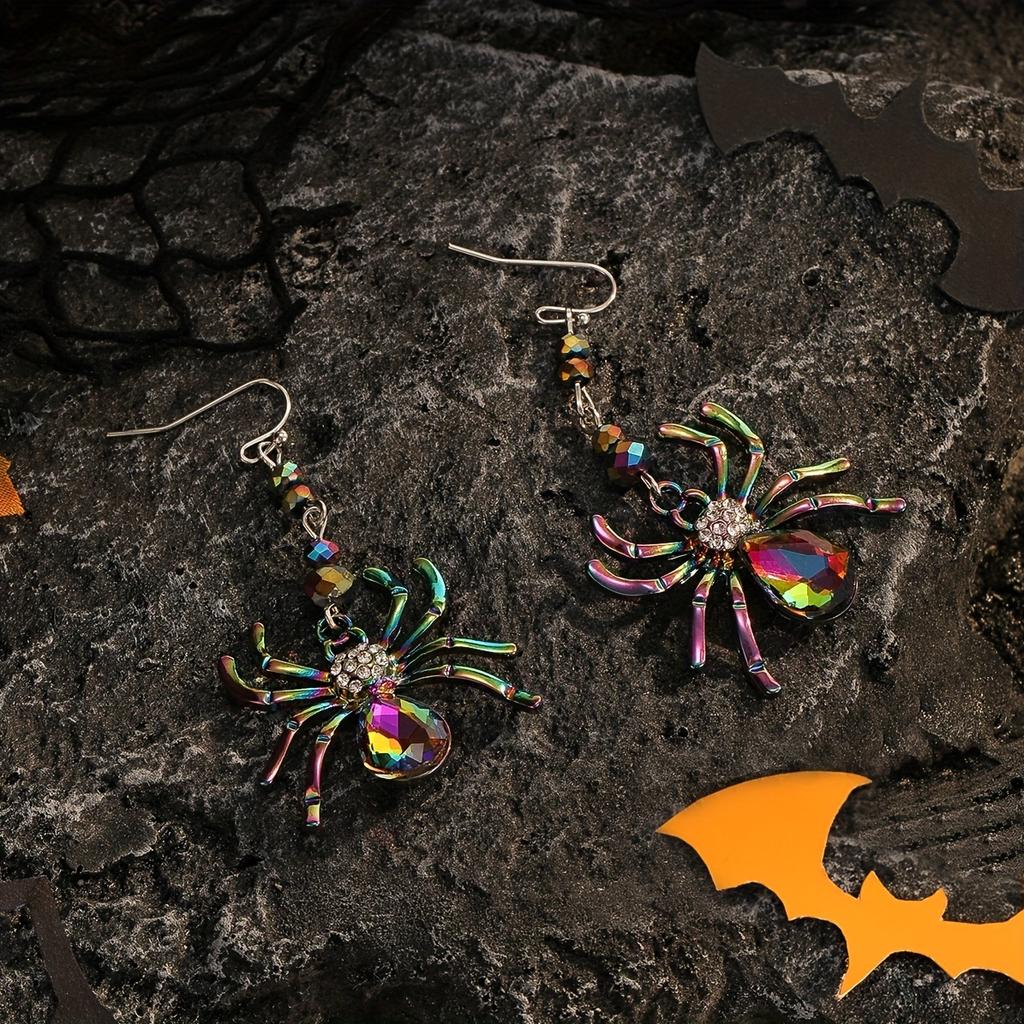 Halloween Colorful Rhinestone Spider Design Dangle Earrings Cute Vacation Style Zinc Alloy Zircon Female Gift