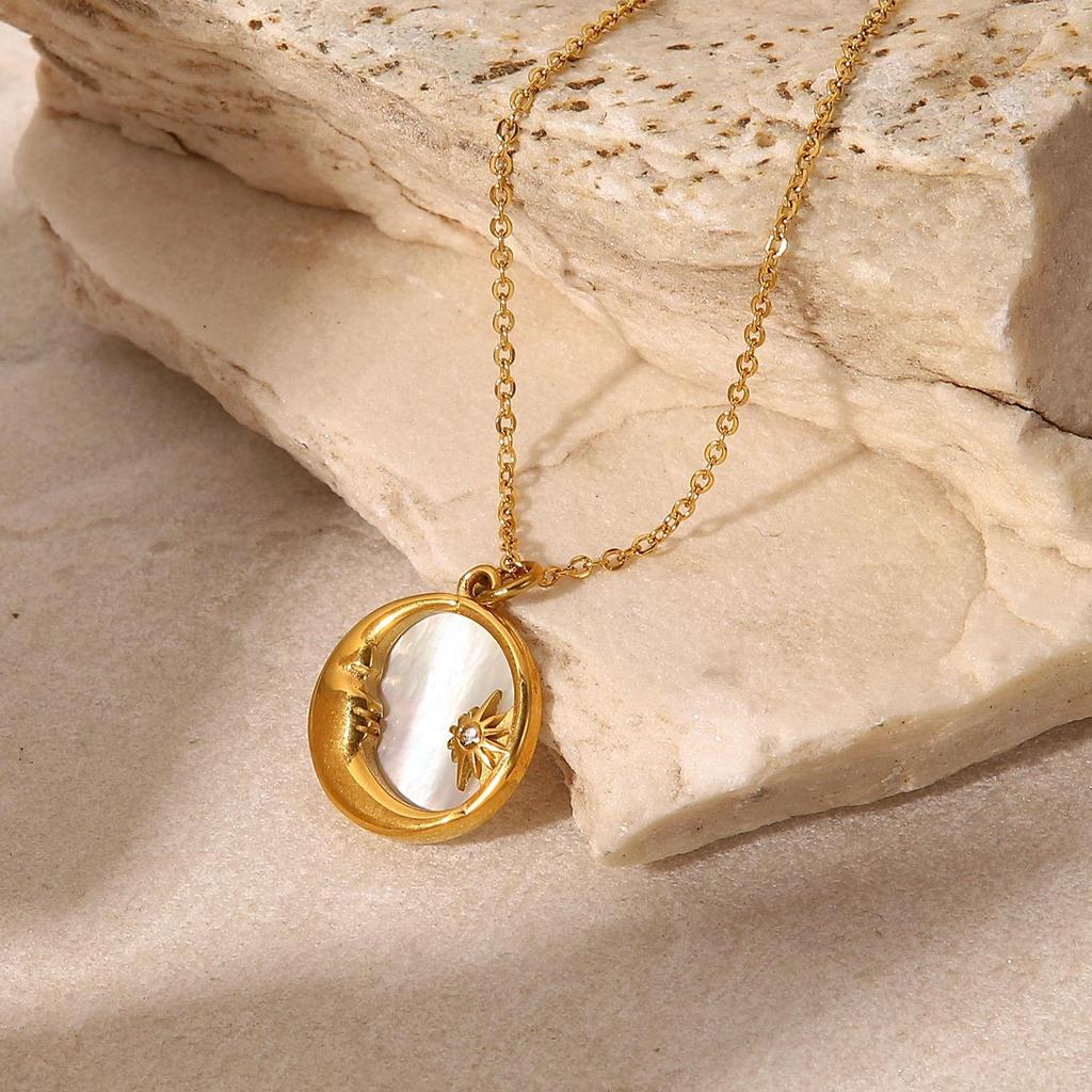 18K Gold Titanium Steel Women's Necklace with French White Mother-of-Pearl Star, Moon, and Round Pendant.