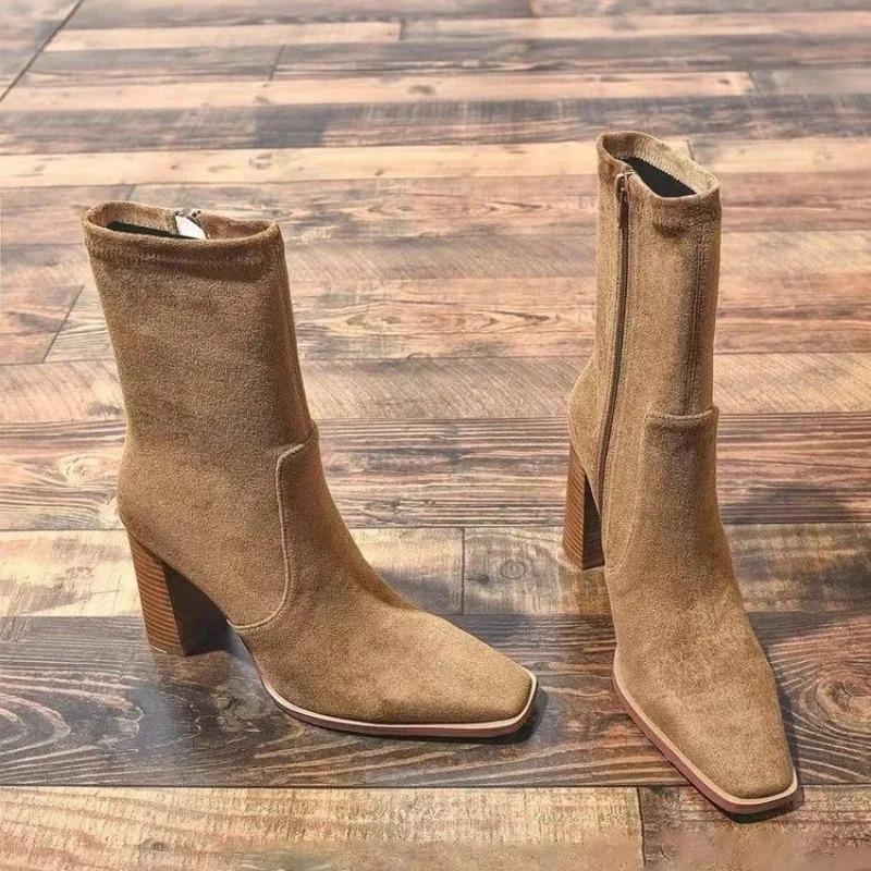 Women Ankle Boots 2025 New Square Heel Platform Boots Women Sexy High Heels Shoes Winter Casual Fashion Boots Shoes for Women
