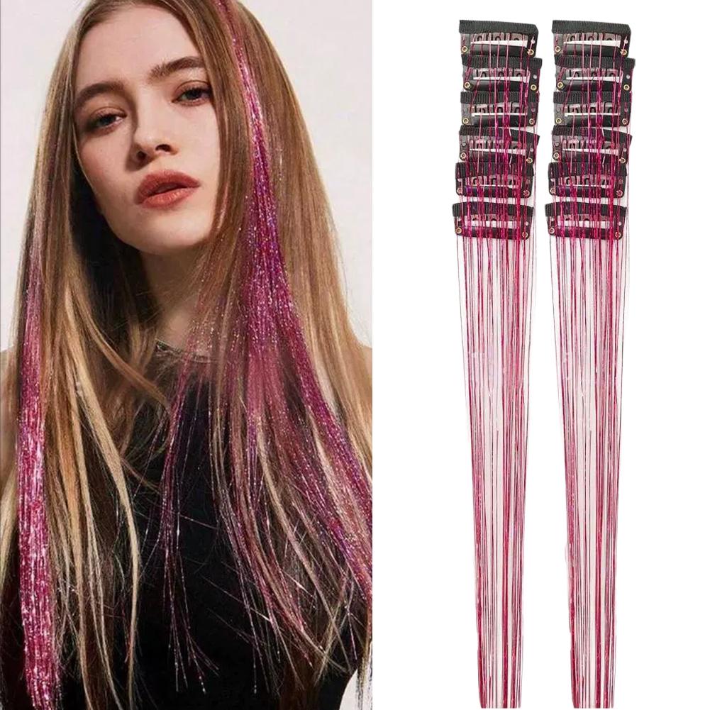 12Pcs Hair Tinsel Clip In 19.7" Glitter Tinsel Hair Extensions Synthetic Clip In Sparkle Hair Accessories For Kids Girls Women