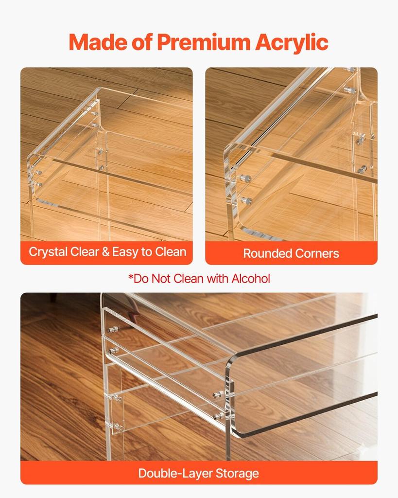 Acrylic Table, 2 Tiers Clear End Table with Storage Shelf, Modern Rectangle Acrylic Side Desk, Transparent Thick Desk Nightstand for Bedroom, Office,
