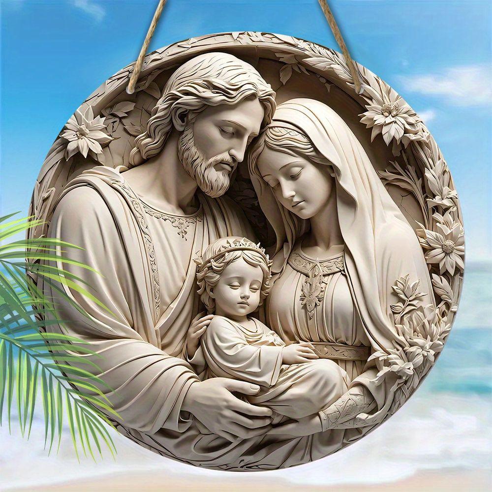 Holy Family Round Wooden Hanging Sign, 2D Flat Wooden Religious Wall Decor, Christian Faith Home Ornament