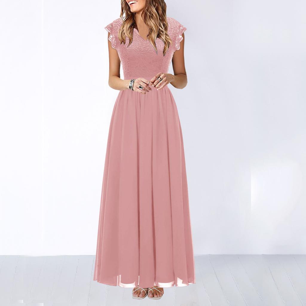 Cross-border Amazon Fashion V-neck Swing Dress Sleeveless Lace Splicing Chiffon Long Banquet Evening Dress Dress