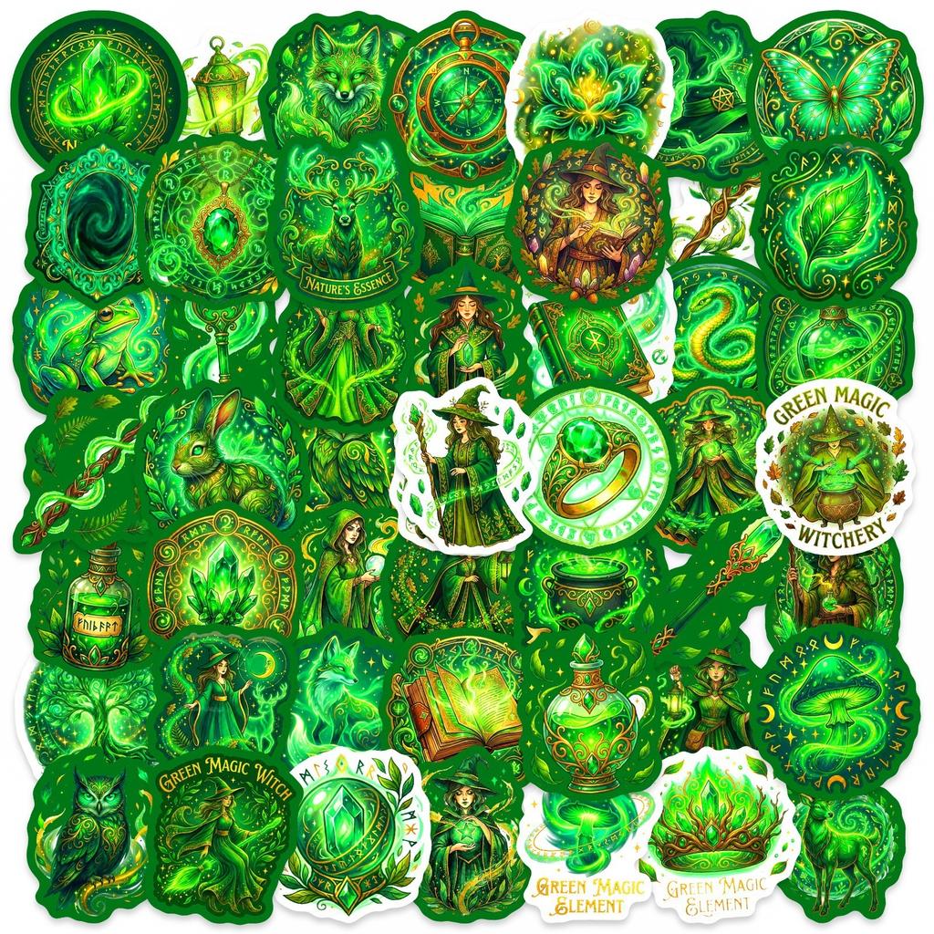 50 Creative Green Magic Stickers Nature Witch Forest Theme Handbook Notebook Decorative Stickers