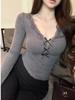Gray Bow Lace V-Neck Long Sleeve Women's Slim Fit T-Shirt for Autumn/Winter