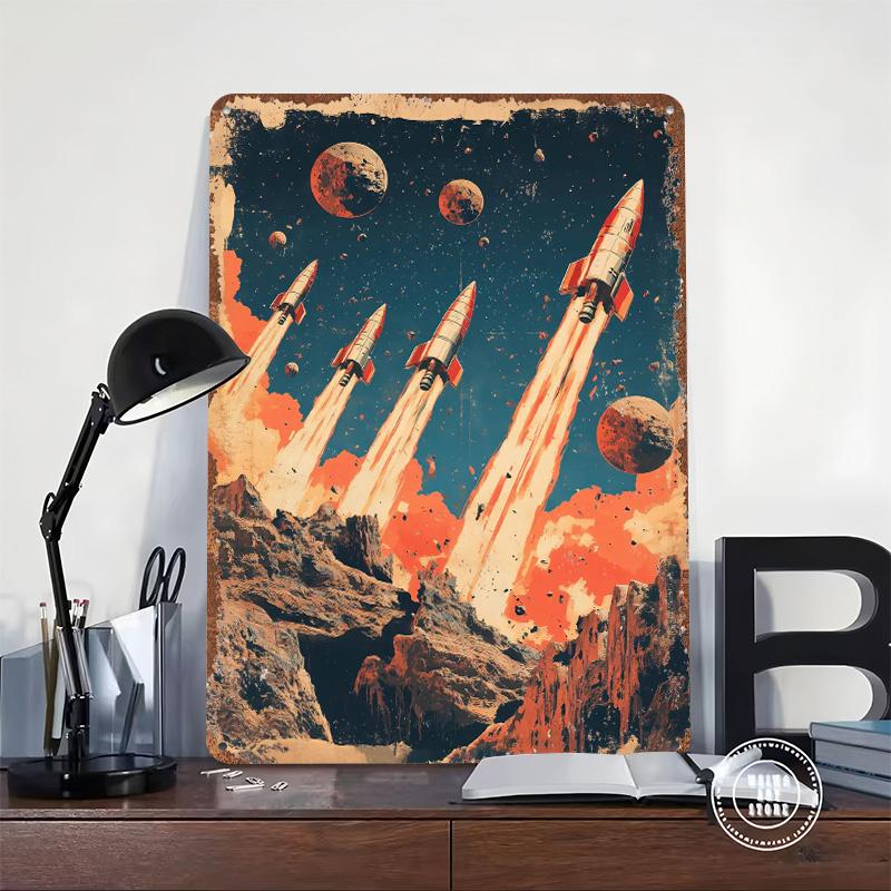 Retro Space Rockets Printed Poster Customized Wall Art Retro Vintage Metal Tin Signs for Office Decor Gaming Room Decoration