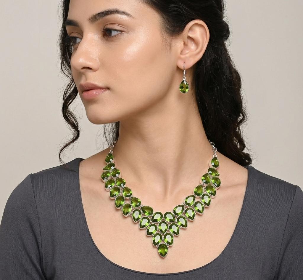 Peridot Gemstone Necklace and Earrings Set Elegant 925 Steling Silver Plated Statement Jewelry for Women Wedding & Party Accessory