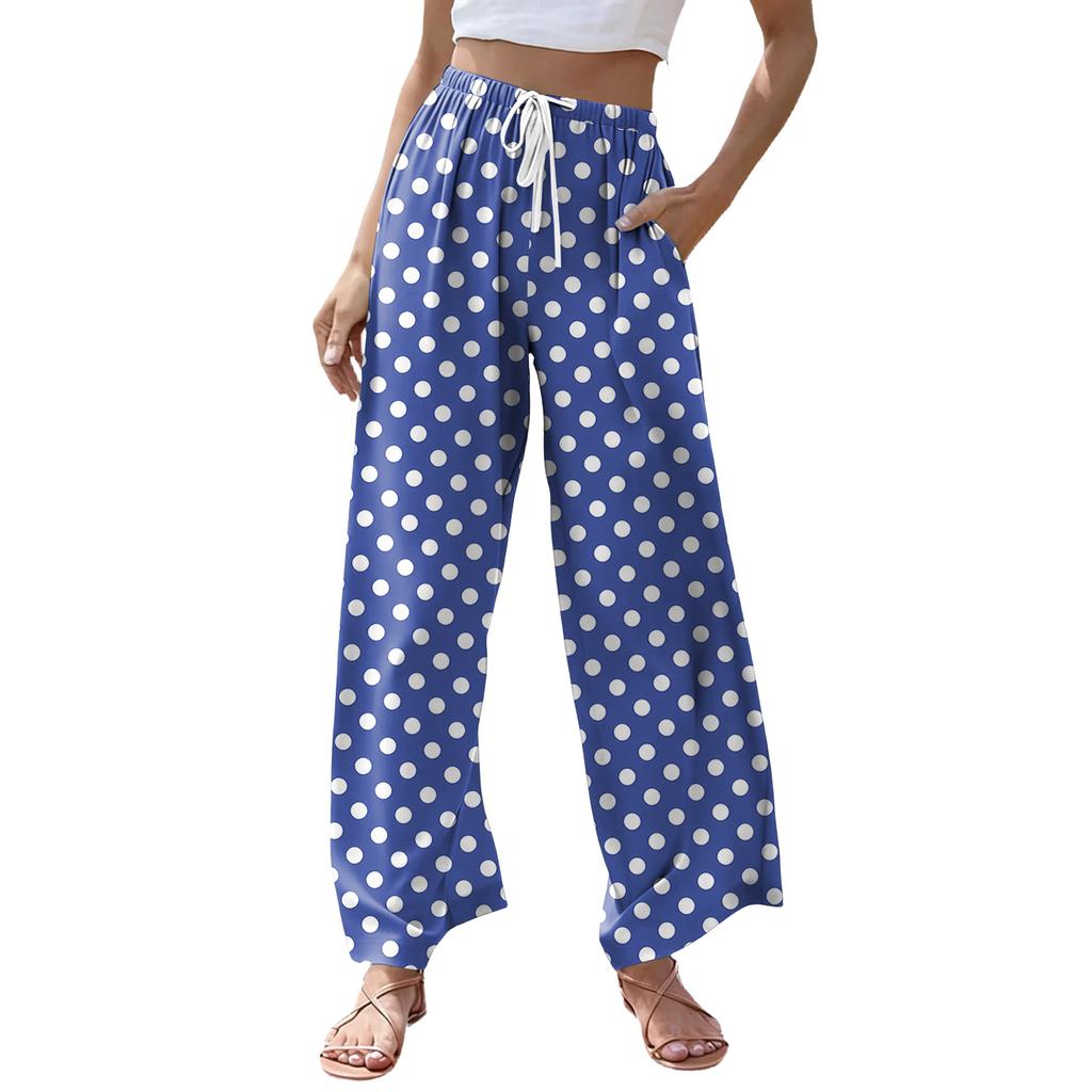 Women's Casual Dot Print Wide Leg Drawstring Pocket Beach Casual Pants