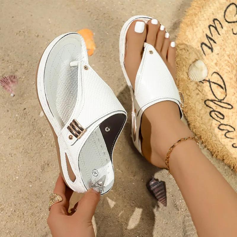 Mode Damen Sandalen Keilabsatz Plateau Pantoletten Zehensteg Orthopädische Sandalen mit Fußgewölbeunterstützung PU-Leder Rutschfest Weiche Schuhe Flip Flops