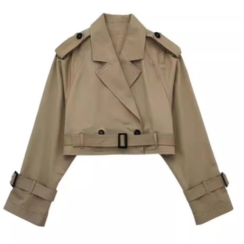 European & American Style Women's Belted Long Sleeve Short Windbreaker Jacket for Spring/Autumn