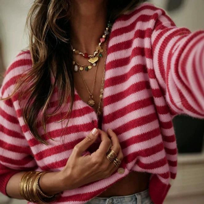 Women's Cardigan, Striped, Color-Block, Long Sleeve, Loose Fit for Fall and Winter
