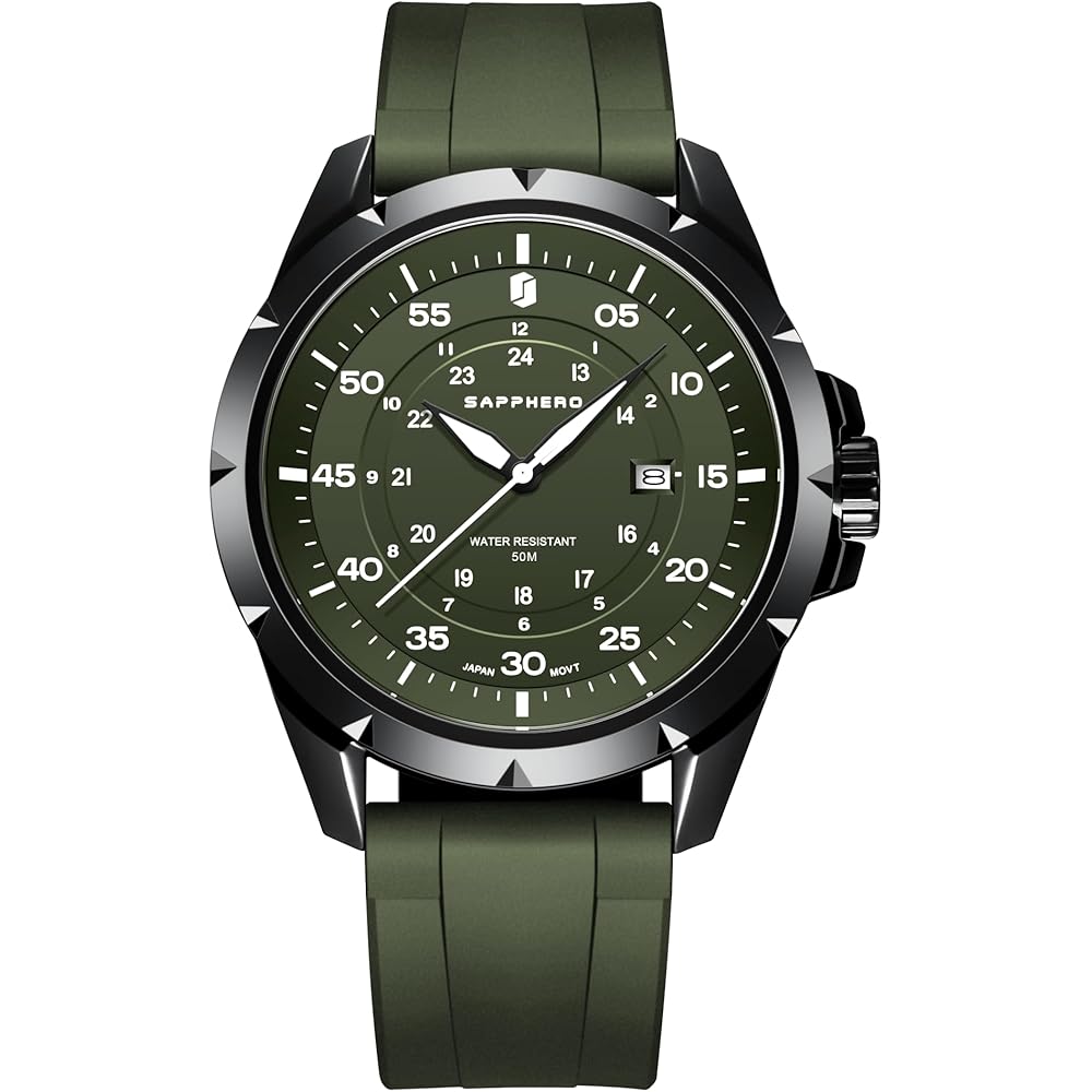 SAPPHERO Men s Analog Watch 50M Waterproof Luminous Silicone Band Date Display Green Dial
