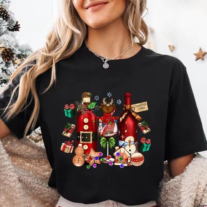 Christmas Style Wine Glasses Fashionable Creative Prints Women's Comfortable Loose Oversized Casual T-shirt