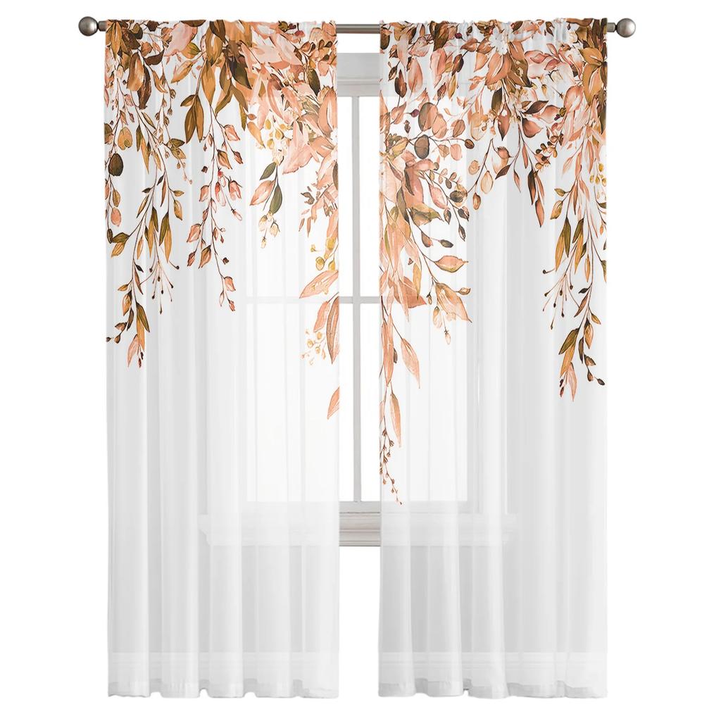 Fenstervorhänge mit Blumen-Aquarell, Blattknospe, für Wohnzimmer, Schlafzimmer, Küche, Chiffon, durchsichtige Fensterbehandlung