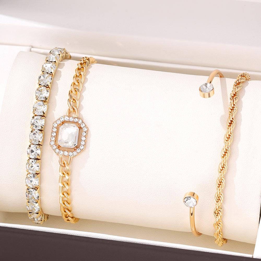 4 Piece Set Women Zircon Fashion Versatile Retro Personality Fried Dough Twists Bracelet Imitation Gem Punk Bracelet Bracelet