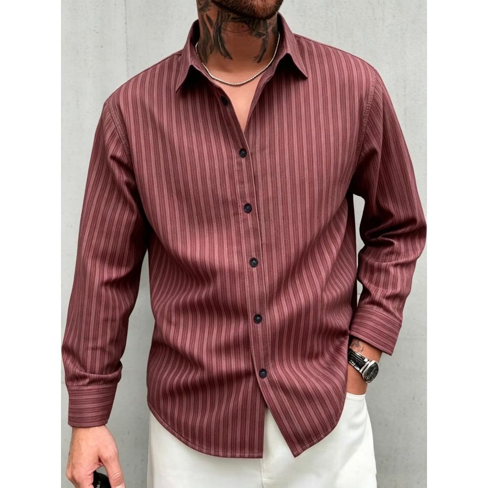 Men's Slim Vertical Striped Long Sleeved Shirt, Loose Collared Casual Shirt, Simple and Versatile Men's Top for Daily Commuting