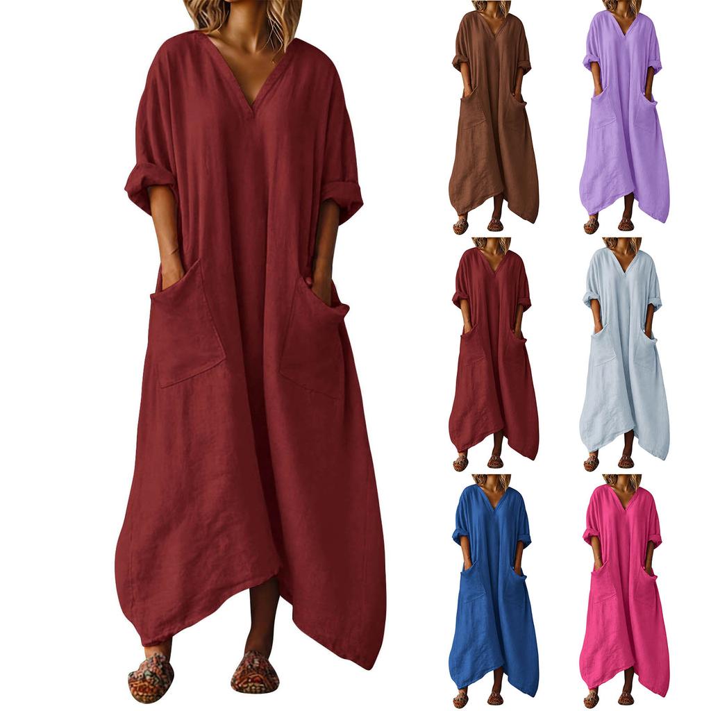 Women's V-neck Long Dress With Pockets