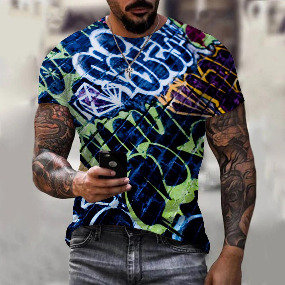 New Fashion Europe and America Retro Graffiti Men T-Shirt Summer Trend Casual Personality Street Style Printed Short Sleeve Tees