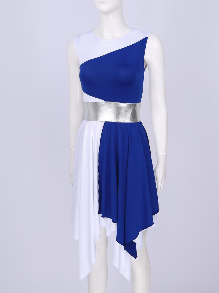 Womens Color Block Dance Dress Sleeveless Round Neck Design Asymmetrical Hem Performance Party Wear
