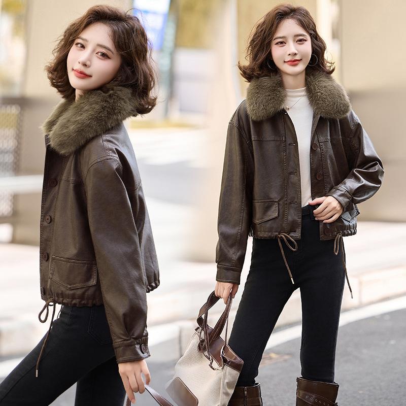Fur integrated leather jacket women's autumn and winter autumn and winter new velvet leather jacket jacket