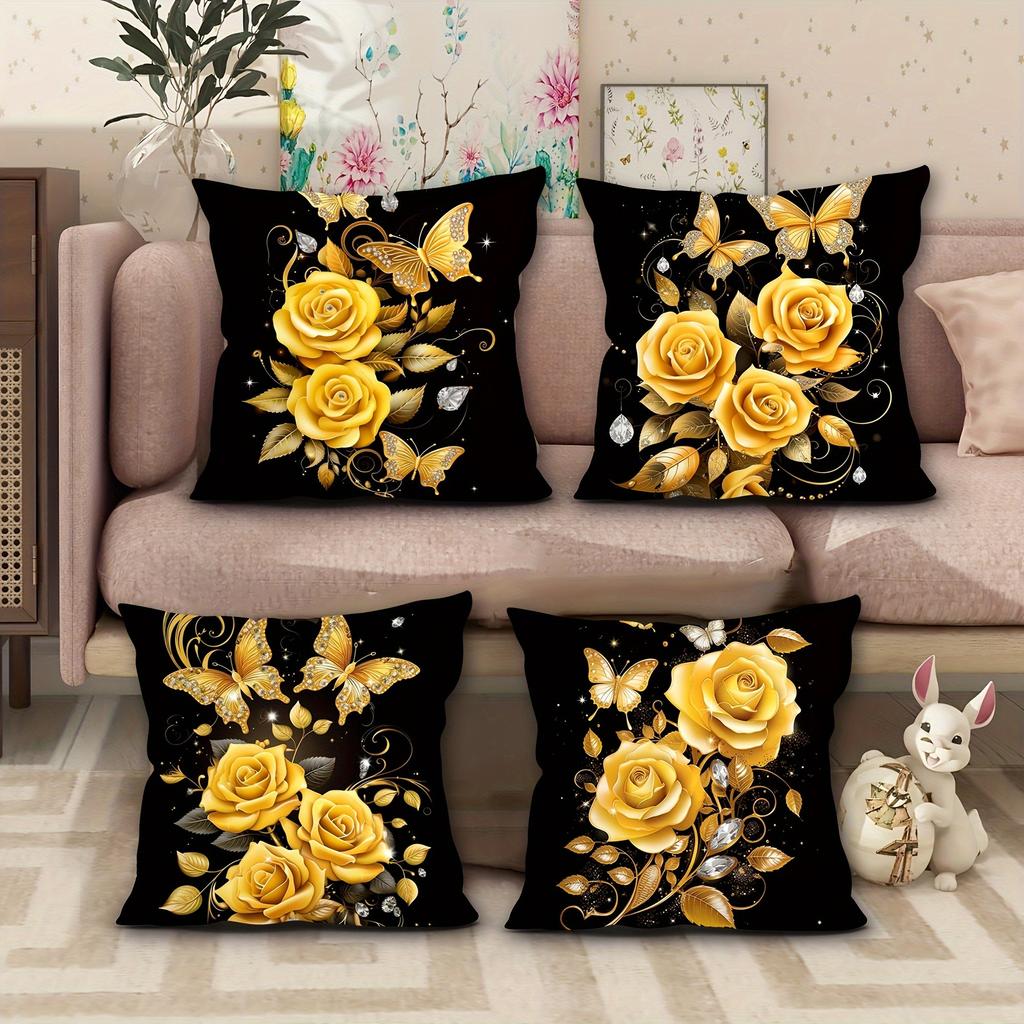 Golden Rose Butterfly Pattern Printed Pillowcase, Home Room Decoration, Soft and Comfortable, Sofa and Chair Cushion Cover