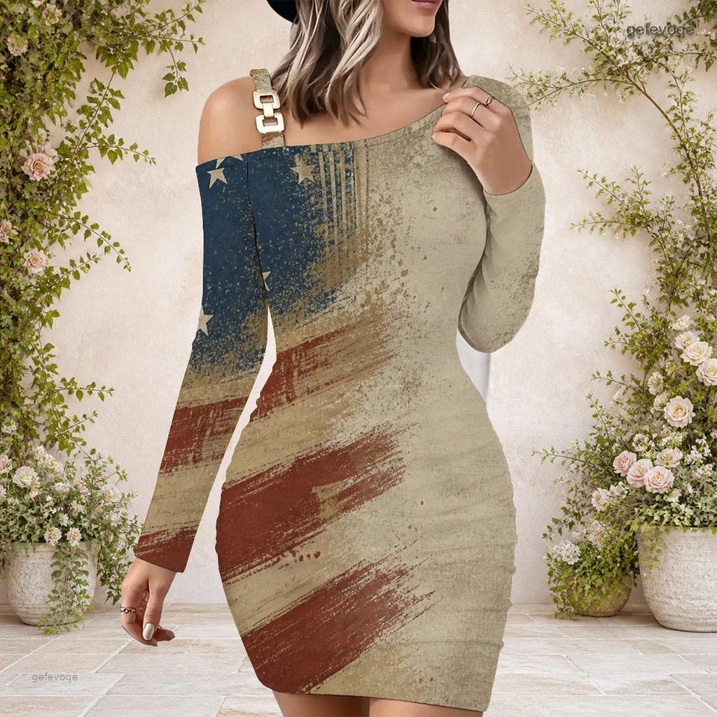 Women Plus Size One Shoulder Long Sleeve Star Stripe Printed Bodycon Mini Dress