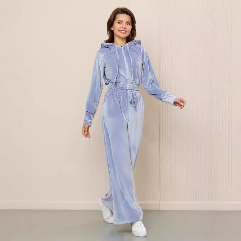 Women Casual Solid Color Zip Up Hooded Sweatshirt Wide Leg Pants Two Piece Set
