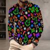 Men Plus Size Black Round Neck Long Sleeve Christmas Neon Printed Pullover T Shirt