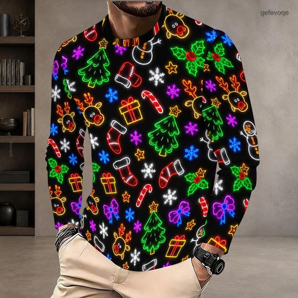 Men Plus Size Black Round Neck Long Sleeve Christmas Neon Printed Pullover T Shirt