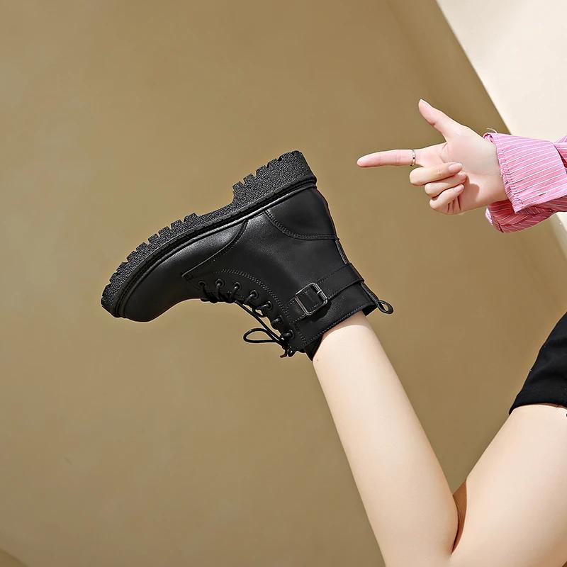 Minimalist Lace-up Combat Women Boots 4.5cm Chunky Heel Platform Women Boots British Style Thick Sole Increase Height Casual Boo