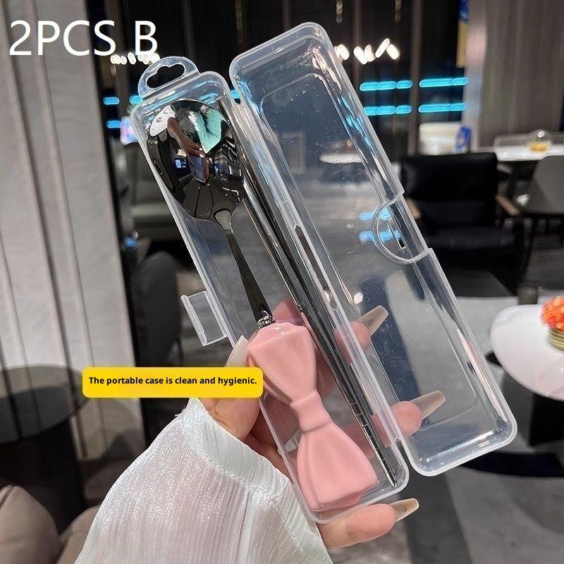 Geschirrset Tragbares Besteck Schleifenförmig Edelstahl Gabel Löffel Essstäbchen Tragbares Reisebesteck Mit Box