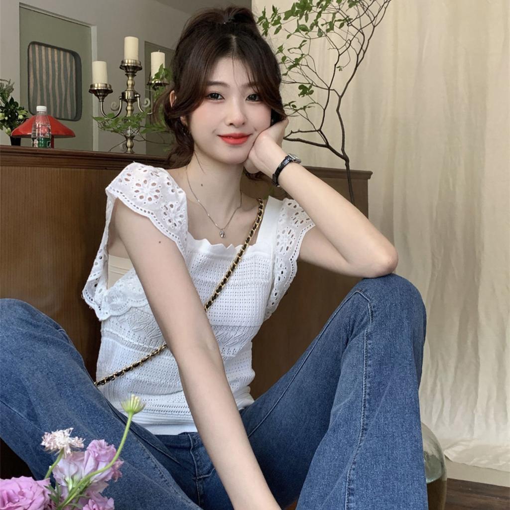 Summer Versatile Temperament Short Sleeved Small Fly Sleeve Ice Silk Knitted T-shirt French Collarbone Square Neck Top Slim Fit Short