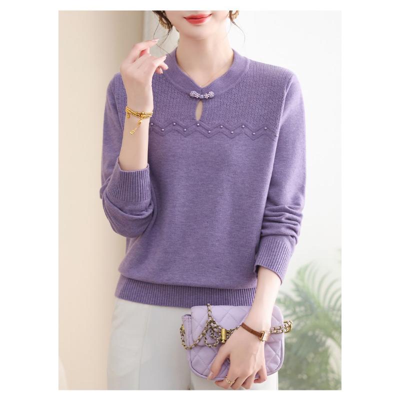 Pull uni tendance polyvalent Haut tricoté à manches longues style chinois