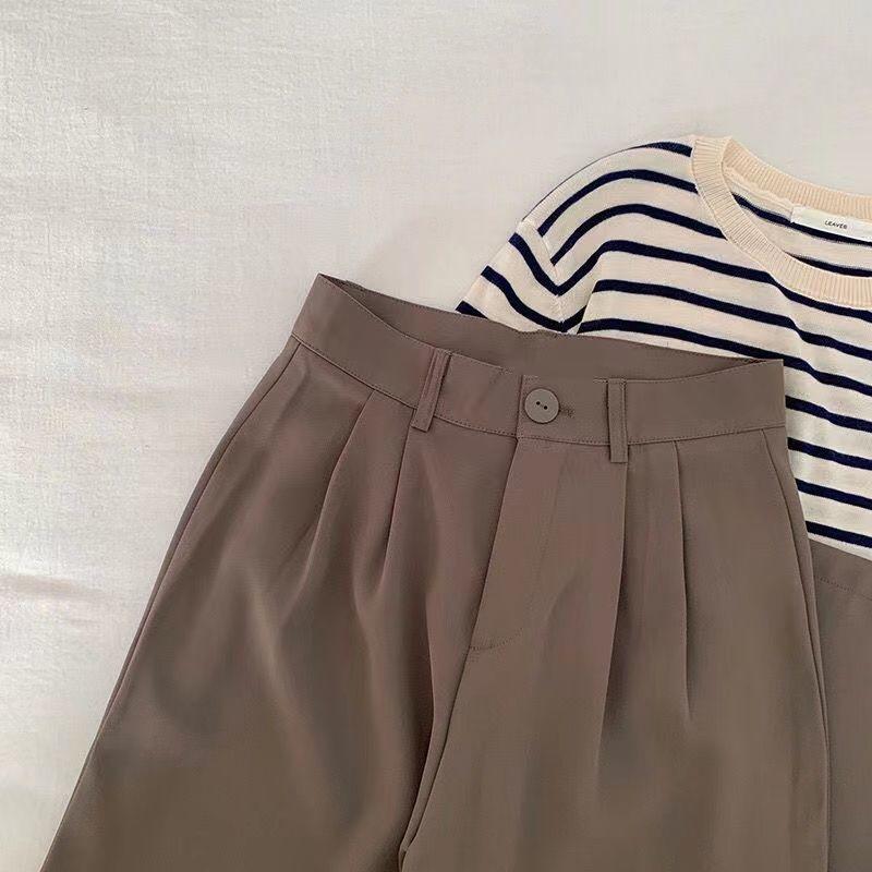 Pantalones de traje lisos de cintura alta para mujer, otoño, rectos, de moda, casuales, con botón, holgados, para oficina, de mujer, coreanos