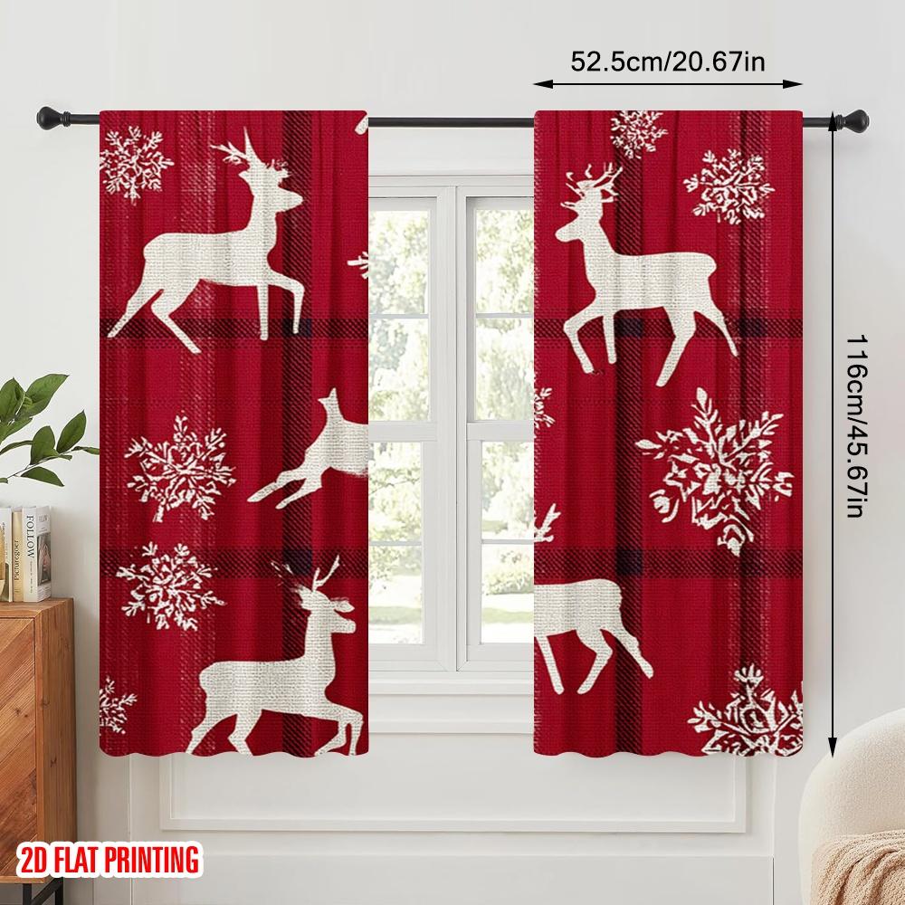 2pcs,2D Plane Printing Print Curtains Christmas Elk Bell Versatile 100% Polyester (without Rod) Gifts for Bedroom, Office,