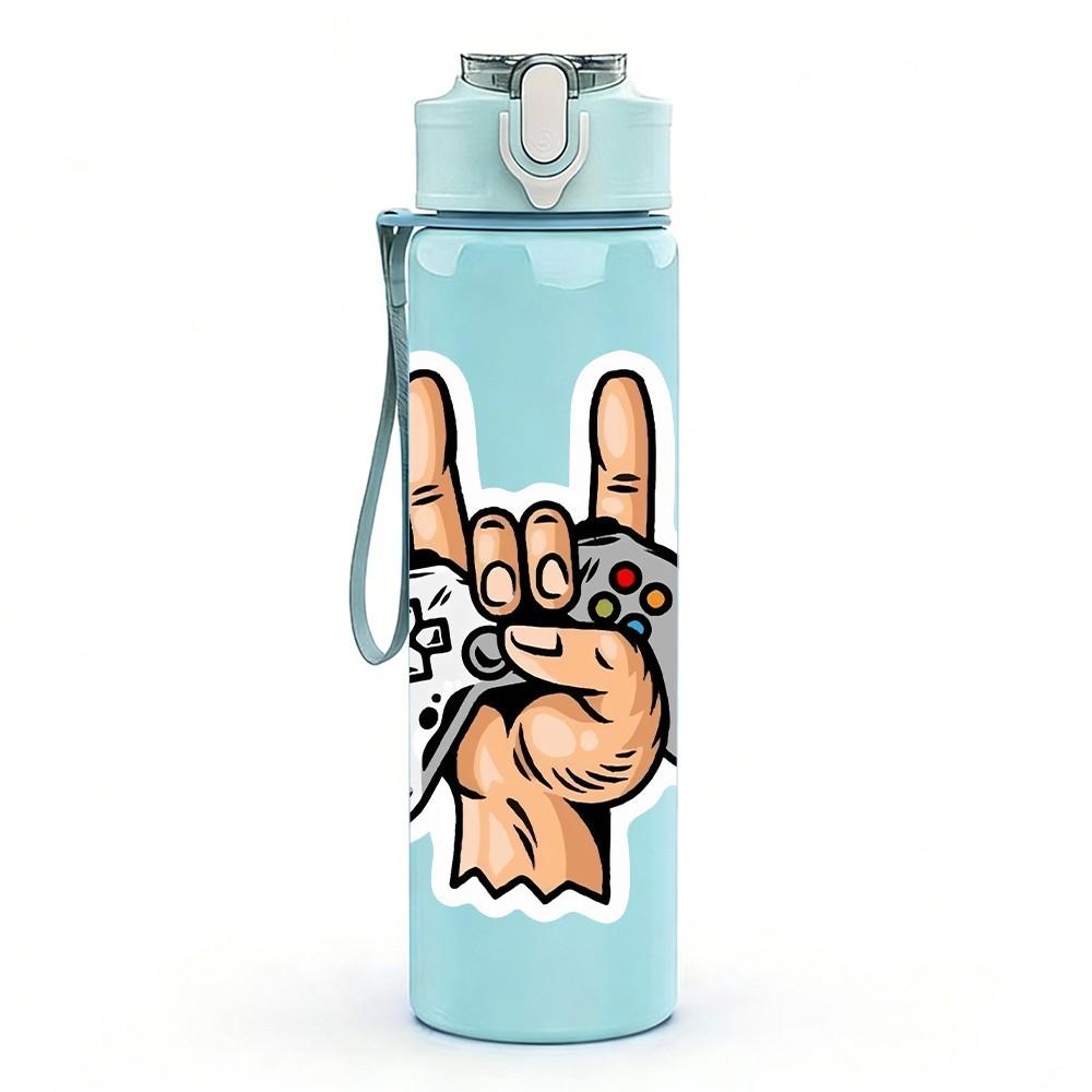 1PC Hand Holding Game Controller Pattern 750ml Color Plastic Sports Water Bottle Leakproof Flip Straw Lid Suitable for Sports Office Home Use
