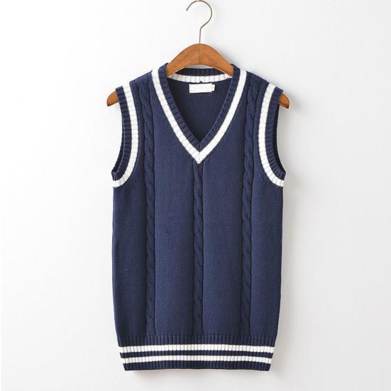 Unisex Sonbahar Kış V Yaka Kazak Yelek Kalınlaşmış Kolsuz Büküm Doku Çizgili Ekleme Kolej Tarzı Örgü Yelek