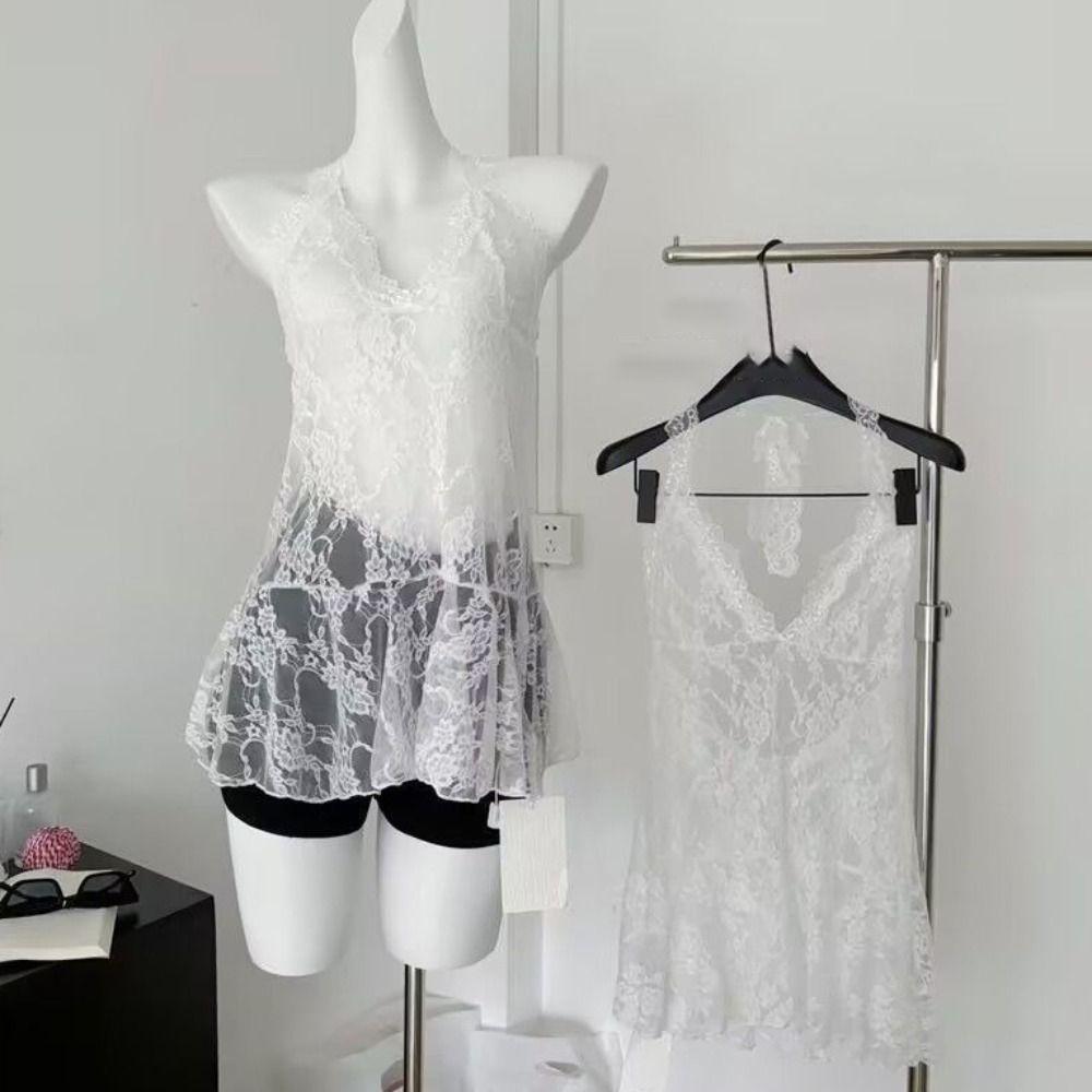 Polyester Lace Halter Dress V-neck Beachwear New Hollow Out Camisole  Women