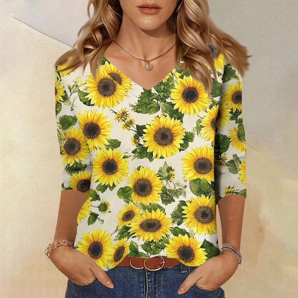 Women's Fashionable Casual V-Neck Three-Quarter Sleeve Printed T-Shirt Top