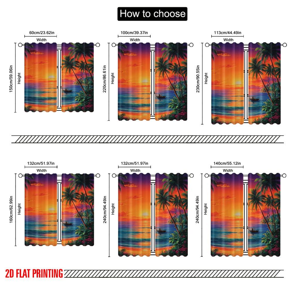Set Of 2 Flat Printing Curtain Tropical Sunset Beach Ocean Kayak Digital Printed Polyester Drapes All Season Party Holiday Made