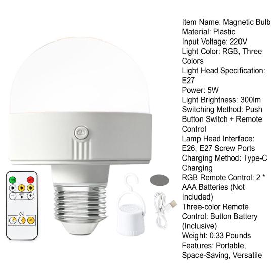Magnetic LED Bulb with Remote Type-C Rechargeable Warm Light for Mood Lighting Timer & Dimmable Light Bulb for Parties Home Decor