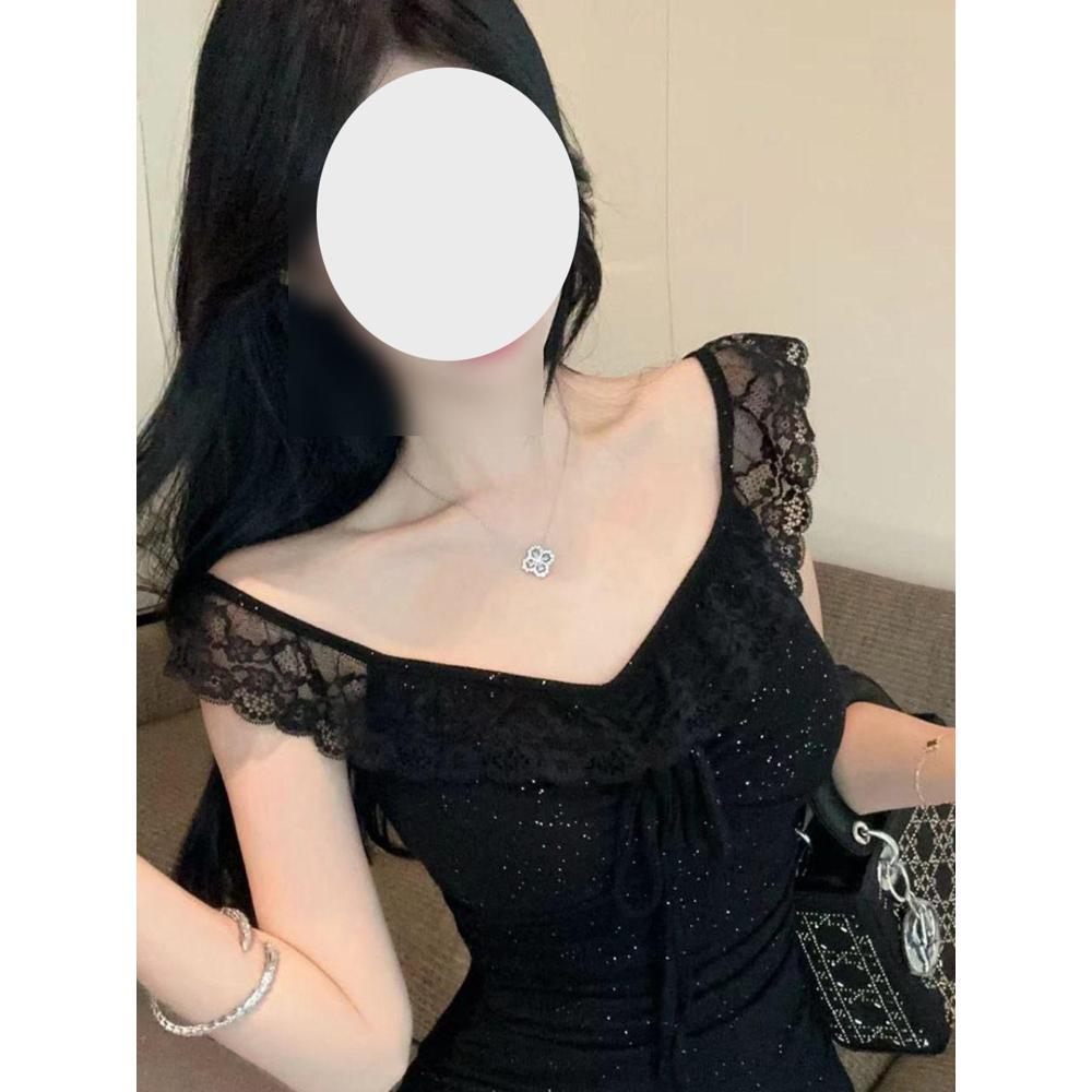 Mode Mädchen Spitze feiner Glitzer kleines schwarzes Kleid eng Temperament Hüftumspielend schlank kurzes Kleid Frauen