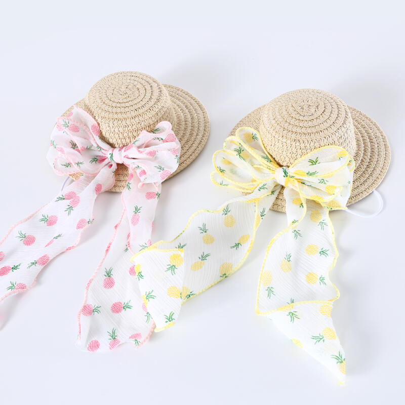 Ribbon Straw Hat Dog Cat Summer Small Dog Accessories pink