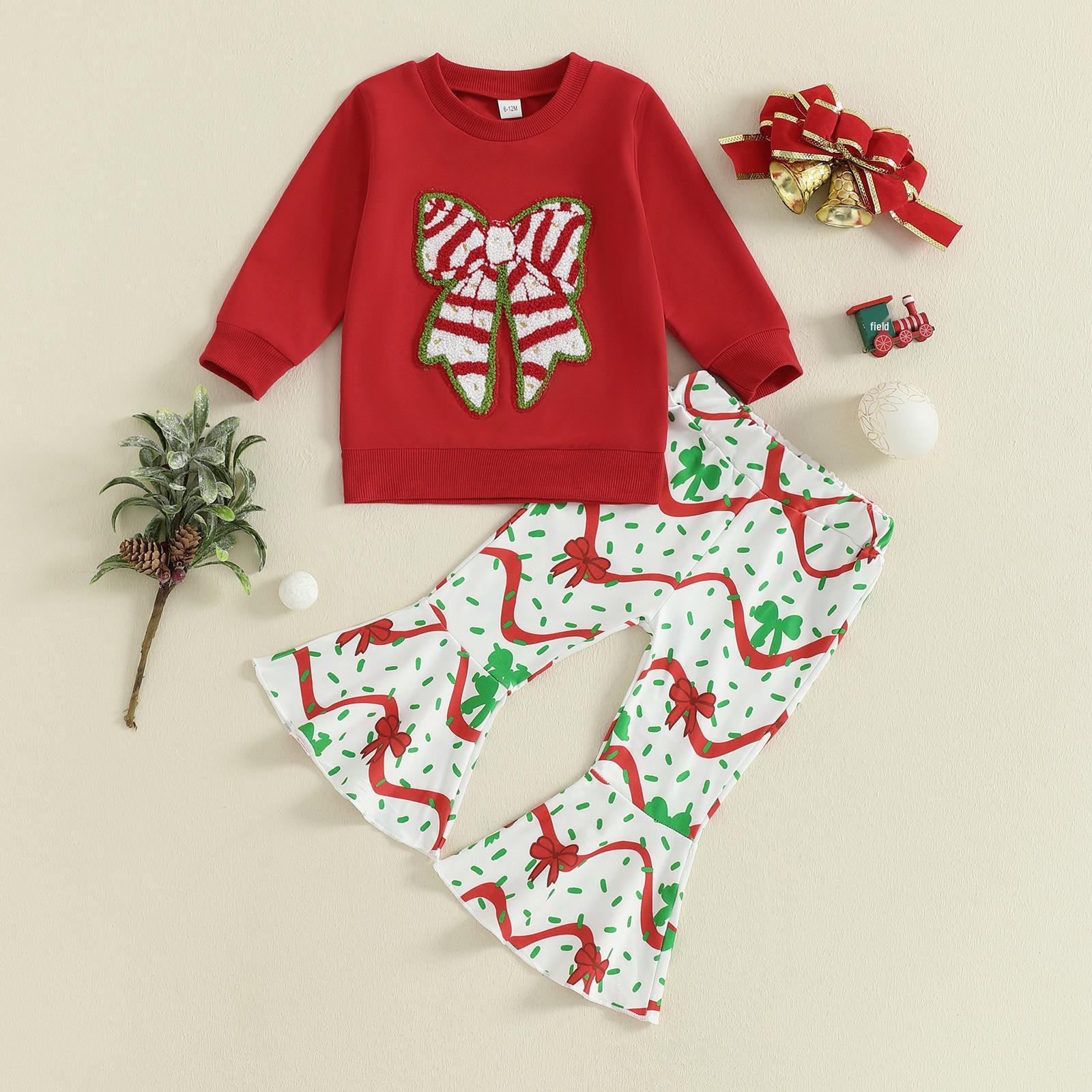 Cute Christmas Bow Tie Chenille Embroidery Sweatshirt & Flared Pants Set 12-18 Months красный