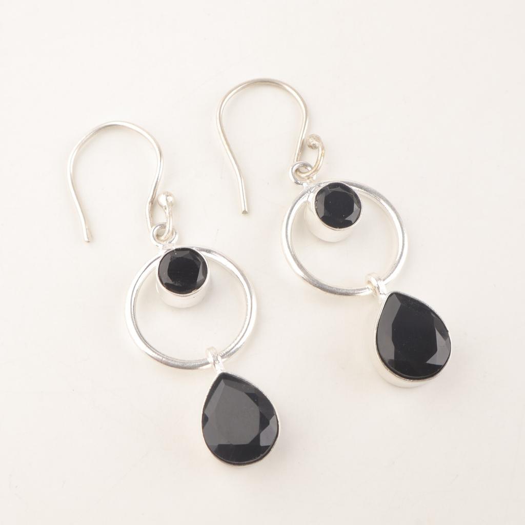 Natural Black Onyx Gemstone 925 Sterling Silver Jewelry Handmade Earrings 2.0" EE-140-7