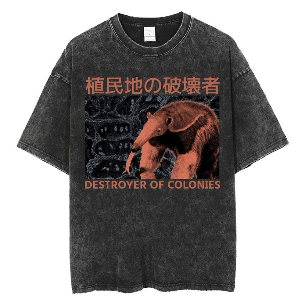 Funny Destroyer of Colonies Anteater Humor T Shirt Japanese Style Vintage Washed T-shirts Unisex Summer Tops Short Sleeve Tshirt S разноцветный