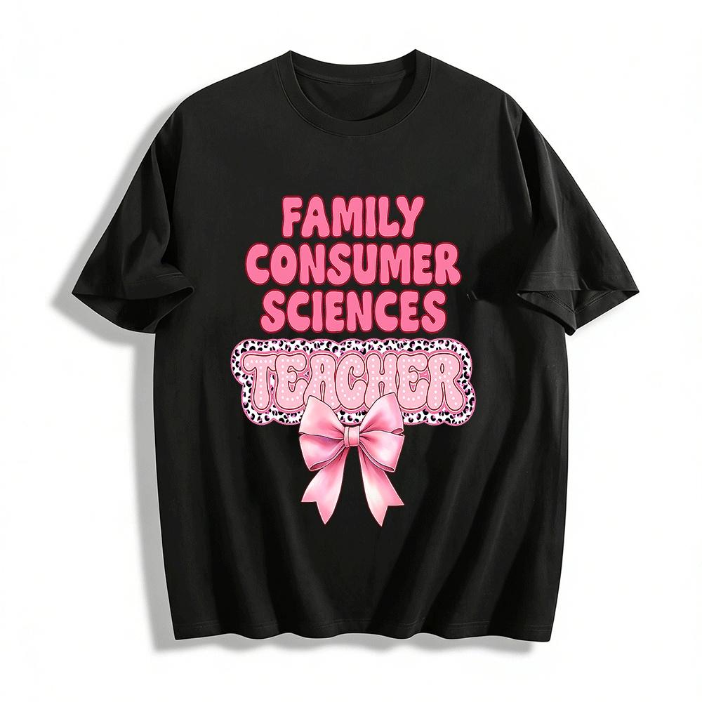 

Family Consumer Sciences Teacher Pink Leopard Bow Graphic Tee Pure cotton T-shirt XXS