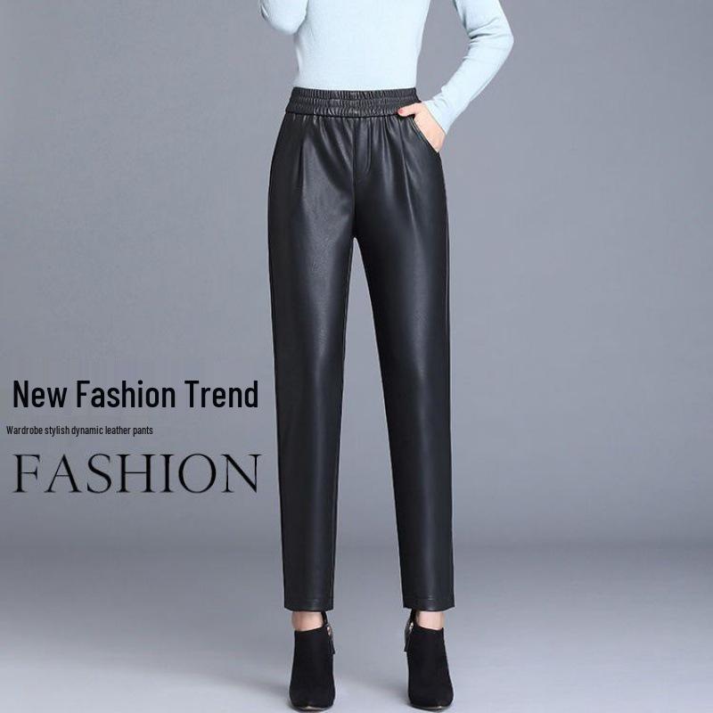 2023 Autumn/Winter Women's High-Waisted Plus Velvet Leather Harem Pants - Loose Wide-Leg, Cropped, Thickened