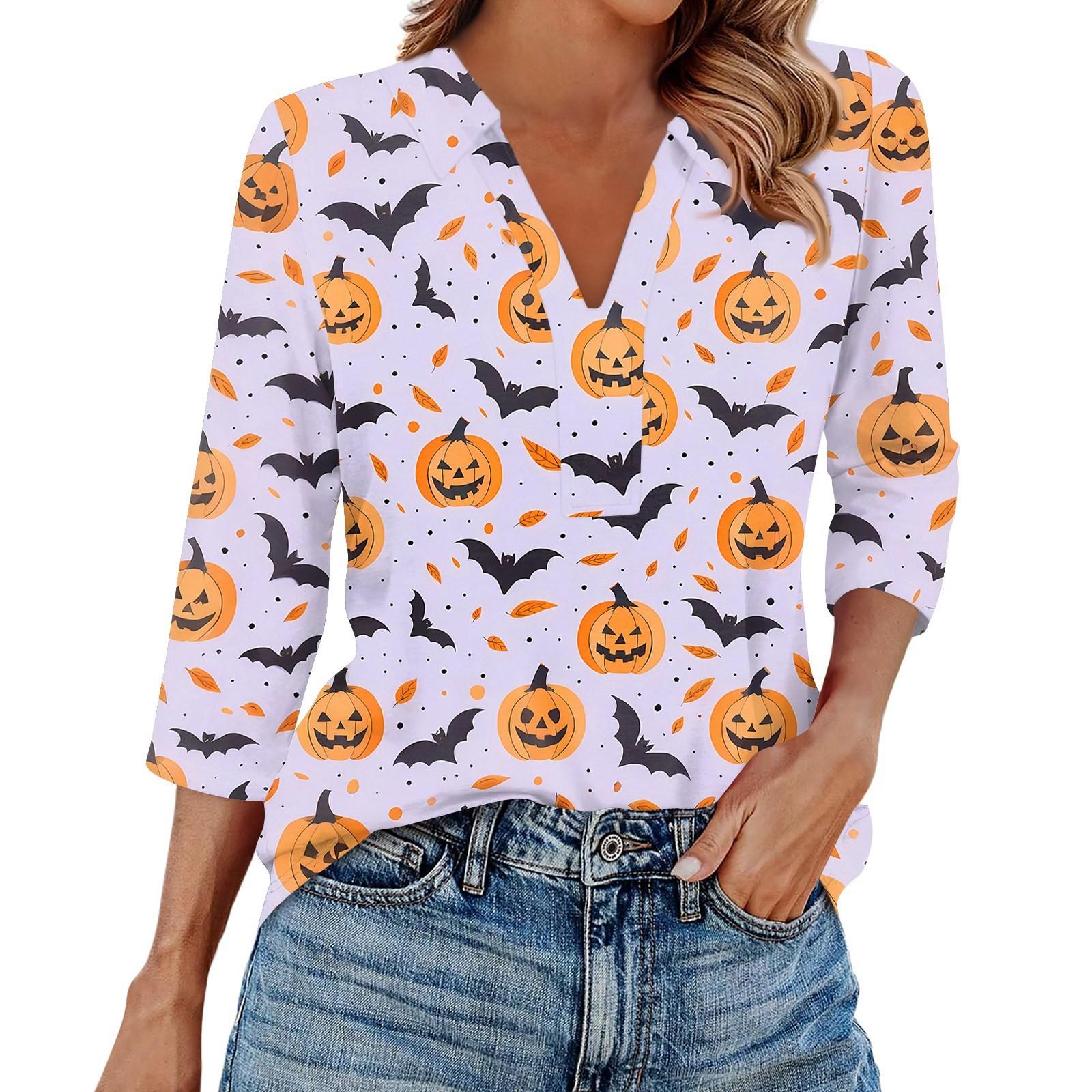 

Жіноча модна повсякденна сорочка з лацканами та рукавом 3/4 з принтом на Хелловін, жіночі топи з V-подібним вирізом XL