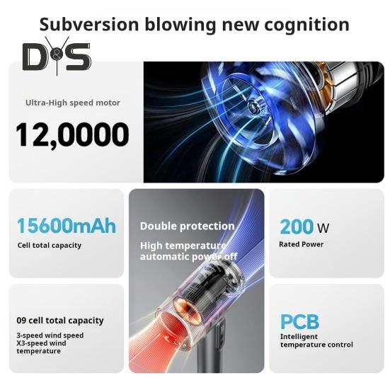 Cordless Hair Dryer 200W 15600mAh USB Rechargeable 3 Temperature Adjustable High Speed Fast Drying Low Noise Portable Travel Camping Electric Blow